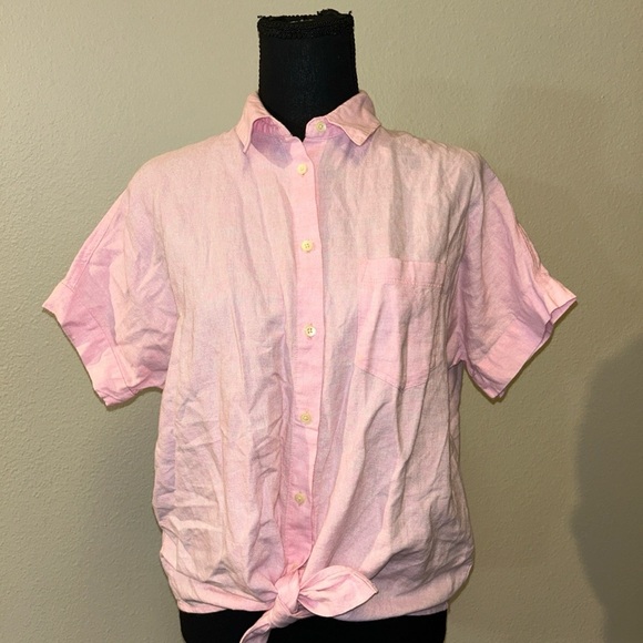 Madewell Pink Short Sleeve Button-Up Top Tie Front Linen Blend - Picture 8 of 8